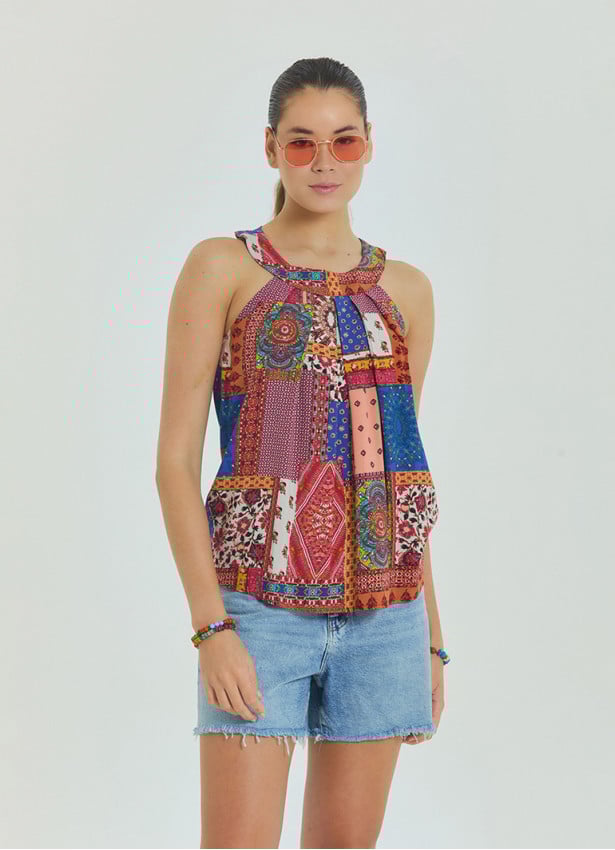 Halter Neck Button Detail Pleated Blue Sleeveless Blouse 4676